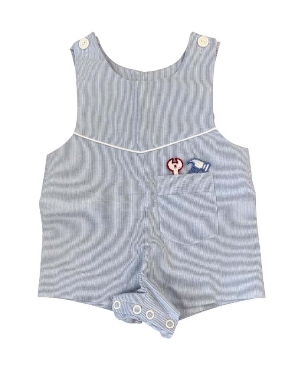 Vintage Bryan Baby Boy Seersucker Jon Jon Romper 3-6M Blue Stripe Tool Embroider